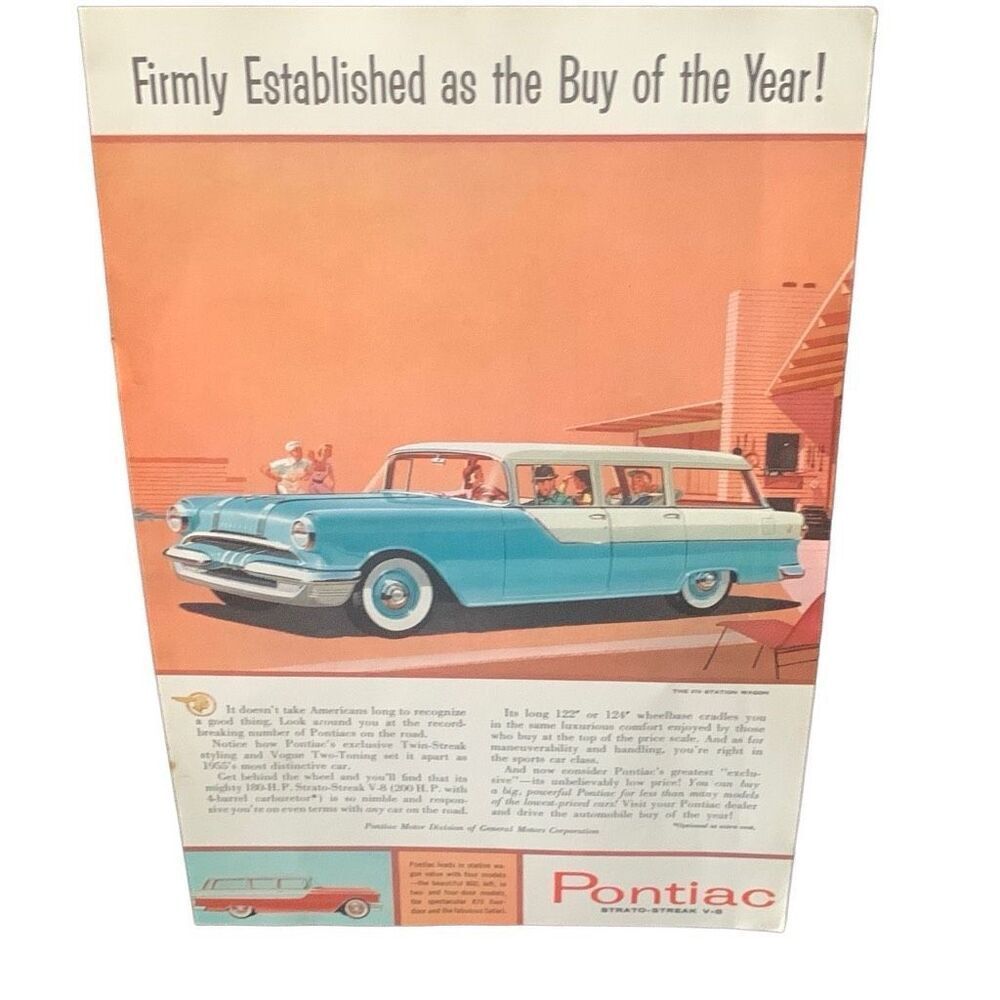 Vintage 1955 Pontiac Strato-Streak V-8 Wagon Ad Advertisement